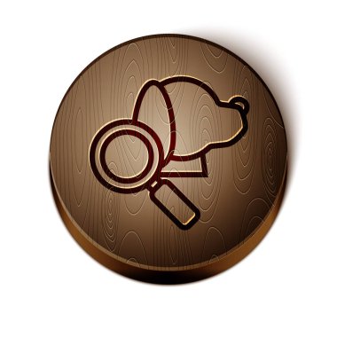 Kahverengi çizgi Veterinerlik Kliniği sembolü beyaz arka planda izole edilmiş. Köpek veteriner bakımlı büyüteç. Evcil hayvan ilk yardım işareti. Tahta daire düğmesi. Vektör İllüstrasyonu