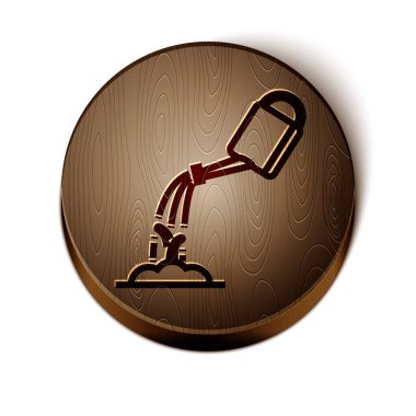 Kahverengi çizgi, beyaz arka planda su ikonu olan su kutusu. Filizi suluyorum. Sulama sembolü. Tahta daire düğmesi. Vektör İllüstrasyonu