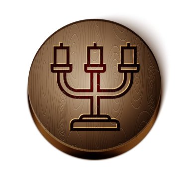 Kahverengi çizgi Candlestick simgesi beyaz arkaplanda izole edildi. Tahta daire düğmesi. Vektör İllüstrasyonu