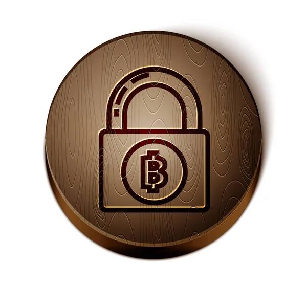 Hnědá čára Zámek s ikonou bitcoinu izolované na bílém pozadí. Těžba kryptoměn, technologie blockchain, bezpečnost, ochrana, digitální peníze. Tlačítko dřevěný kruh. Vektorová ilustrace — Stockový vektor