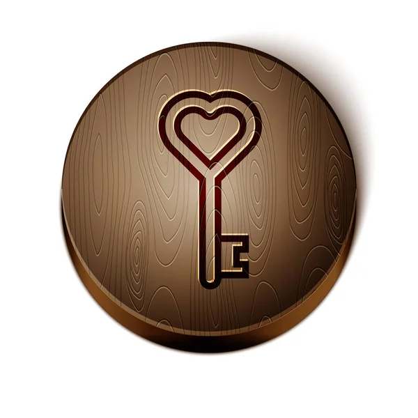 Brown line Key in heart shape icon isolated on white background. Wooden circle button. Vector Illustration — Stock Vector