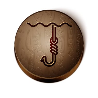 Kahverengi olta kancası beyaz arka planda izole edilmiş su ikonunun altında. Balık oltası. Tahta daire düğmesi. Vektör İllüstrasyonu