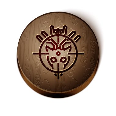 Kahverengi çizgi avı geyik üzerinde beyaz arka planda izole edilmiş hedef simgesi ile. Geyik ve hedefli av kulübü logosu. Tüfek merceği bir geyiği hedef alıyor. Tahta daire düğmesi. Vektör İllüstrasyonu
