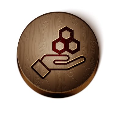 Brown line Honeycomb and hand icon isolated on white background. Honey cells symbol. Sweet natural food. Wooden circle button. Vector Illustration