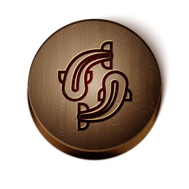 Kahverengi çizgi Balık simgesi beyaz arkaplanda izole edildi. Tahta daire düğmesi. Vektör İllüstrasyonu