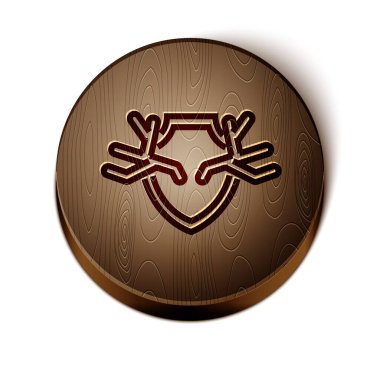 Beyaz arka planda kahverengi çizgi geyik boynuzları var. Duvarda av kupası. Tahta daire düğmesi. Vektör İllüstrasyonu