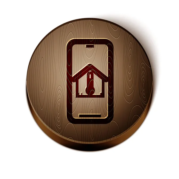 Brown line Mobile phone with house temperature icon isolated on white background. Thermometer icon. Wooden circle button. Vector Illustration — Stockvector