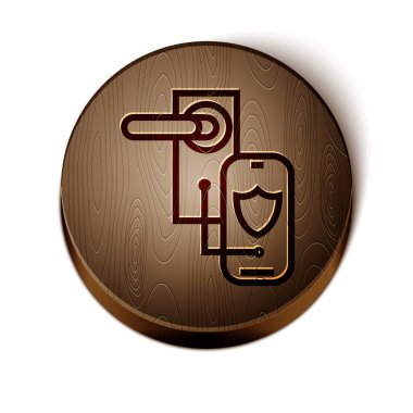 Kahverengi çizgi dijital kapı kilidi beyaz arkaplanda izole edilmiş kilit ikonu için kablosuz teknoloji. Kapı kolu tabelası. Güvenlik akıllı ev. Tahta daire düğmesi. Vektör İllüstrasyonu