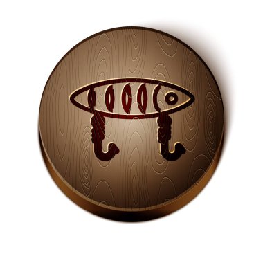 Kahverengi çizgili balık yemi simgesi beyaz arkaplanda izole edildi. Balık oltası. Tahta daire düğmesi. Vektör İllüstrasyonu