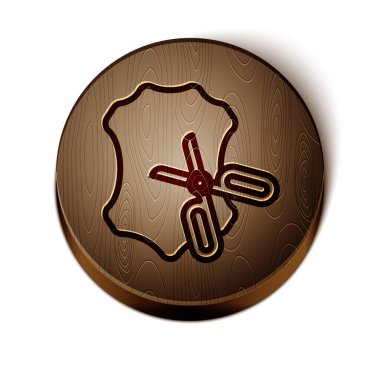 Kahverengi çizgili makas ve beyaz arka planda izole edilmiş deri ikon. Terzi sembolü. Alet kesme işareti. Tahta daire düğmesi. Vektör İllüstrasyonu