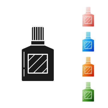 Beyaz arkaplanda siyah tıraş losyonu ikonu var. Parfüm spreyi ikonu. Erkek parfüm şişesi. Simgeleri renklendirin. Vektör İllüstrasyonu