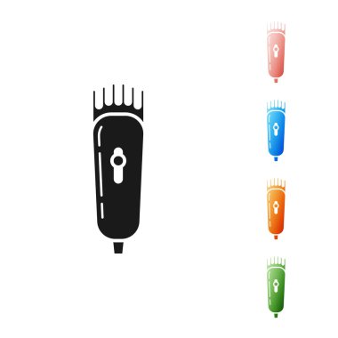 Beyaz arka planda siyah elektrikli saç kırpma makinesi ya da traş ikonu var. Berber dükkanı sembolü. Simgeleri renklendirin. Vektör İllüstrasyonu