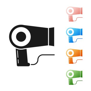 Beyaz arkaplanda siyah saç kurutma ikonu izole edildi. Saç kurutma makinesi tabelası. Saç kurutma sembolü. Sıcak hava üflüyor. Simgeleri renklendirin. Vektör İllüstrasyonu