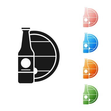 Siyah bira şişesi ve beyaz arka planda izole edilmiş ahşap varil ikonu. Simgeleri renklendirin. Vektör İllüstrasyonu