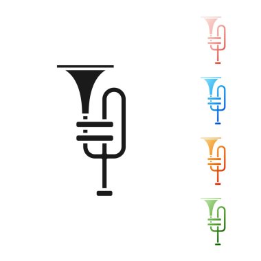 Siyah müzik aleti trompet ikonu beyaz arka planda izole edilmiş. Simgeleri renklendirin. Vektör İllüstrasyonu