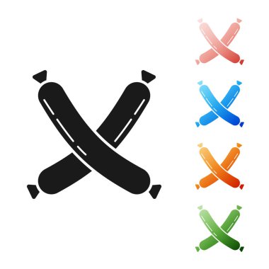 Siyah haçlı sosis simgesi beyaz arkaplanda izole edilmiş. Izgara sosis ve aroma işareti. Simgeleri renklendirin. Vektör İllüstrasyonu