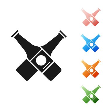 Beyaz arka planda siyah haçlı bira şişesi ikonu var. Simgeleri renklendirin. Vektör İllüstrasyonu