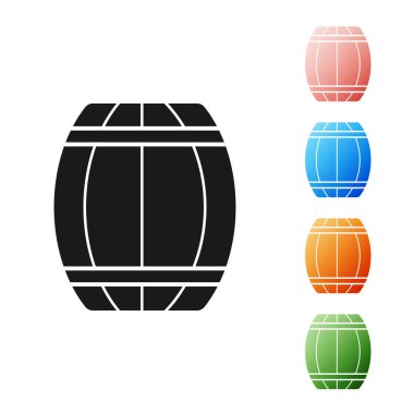 Beyaz arka planda siyah tahta varil ikonu izole edildi. Alkol fıçısı, içki kabı, bira için tahta fıçı, viski, şarap. Simgeleri renklendirin. Vektör İllüstrasyonu