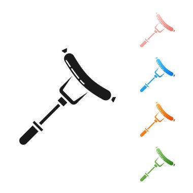 Çatal simgesindeki siyah sosis beyaz arka planda izole edilmiş. Izgara sosis ve aroma işareti. Simgeleri renklendirin. Vektör İllüstrasyonu