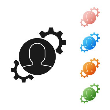 Siyah insan, beyaz arka planda izole edilmiş ikonun içindeki ekipmana sahip. Yapay zeka. Beyin işaretini düşünüyorum. Beynin sembol çalışması. Simgeleri renklendirin. Vektör İllüstrasyonu