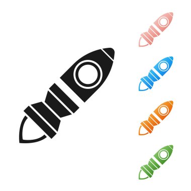 Beyaz zemin üzerinde ateş ikonu olan siyah roket gemisi. Uzay yolculuğu. Simgeleri renklendirin. Vektör İllüstrasyonu