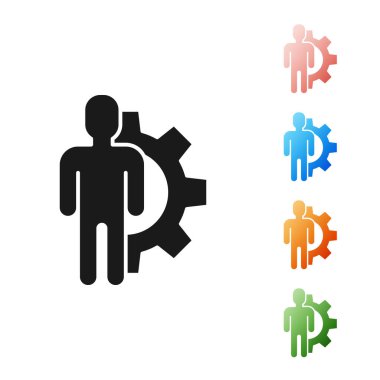 Siyah insan, beyaz arka planda izole edilmiş ikonun içindeki ekipmana sahip. Yapay zeka. Beyin işaretini düşünüyorum. Beynin sembol çalışması. Simgeleri renklendirin. Vektör İllüstrasyonu