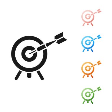 Beyaz zemin üzerinde ok simgesi olan siyah hedef. Dart tahtası işareti. Okçuluk tahtası simgesi. Dartboard işareti. İş hedefi kavramı. Simgeleri renklendirin. Vektör İllüstrasyonu