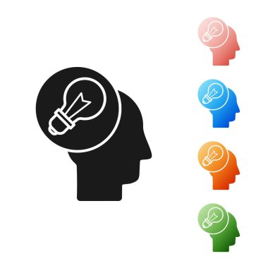 Beyaz arka planda izole lamba ikonu olan siyah insan kafası. Simgeleri renklendirin. Vektör İllüstrasyonu