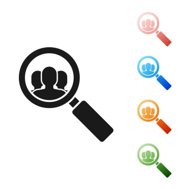 Beyaz arka planda izole edilmiş bir insan simgesini aramak için siyah büyüteç. İşe alım ya da seçim konsepti. Çalışanları ve işi ara. Simgeleri renklendirin. Vektör İllüstrasyonu