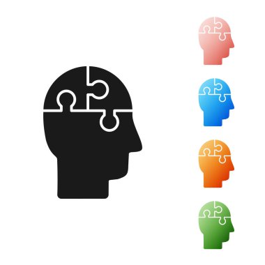 Siyah insan kafası bulmaca stratejisi simgesi beyaz arkaplanda izole edildi. Beyin işaretini düşünüyorum. Beynin sembol çalışması. Simgeleri renklendirin. Vektör İllüstrasyonu