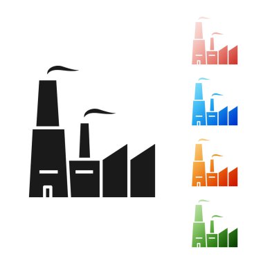 Siyah Fabrika simgesi beyaz arkaplanda izole edildi. Endüstriyel bina. Simgeleri renklendirin. Vektör İllüstrasyonu