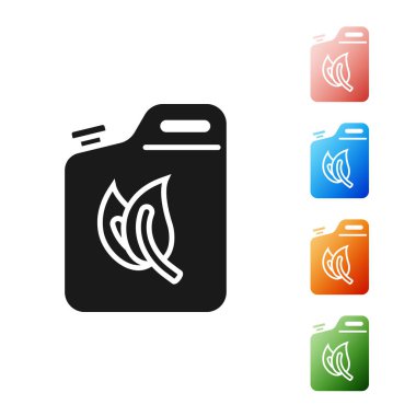 Siyah Bio yakıt bidonu ikonu beyaz arka planda izole edildi. Çevre biyolojisi ve namlusu. Yeşil çevre ve geri dönüşüm. Simgeleri renklendirin. Vektör İllüstrasyonu