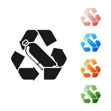 Siyah geri dönüşüm plastik şişe simgesi beyaz arkaplanda izole edilmiş. Simgeleri renklendirin. Vektör İllüstrasyonu