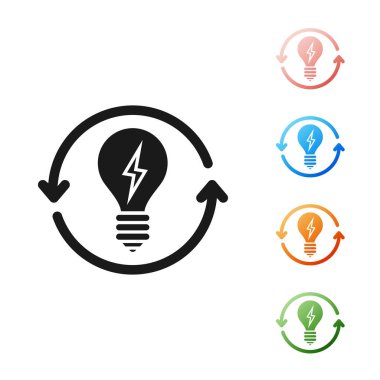Siyah Geri Dönüşüm ve beyaz arka planda izole edilmiş yıldırım sembollü ampul. Lamba ışığı. Fikir sembolü. Simgeleri renklendirin. Vektör İllüstrasyonu
