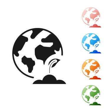 Siyah Dünya küresi ve bitki ikonu beyaz arka planda izole edilmiş. Dünya ya da Dünya işareti. Geometrik şekiller. Çevresel konsept. Simgeleri renklendirin. Vektör İllüstrasyonu