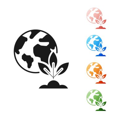 Siyah Dünya küresi ve bitki ikonu beyaz arka planda izole edilmiş. Dünya ya da Dünya işareti. Geometrik şekiller. Çevresel konsept. Simgeleri renklendirin. Vektör İllüstrasyonu