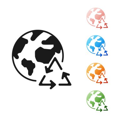 Siyah Gezegen Dünyası ve beyaz arka planda izole edilmiş bir geri dönüşüm ikonu. Çevresel konsept. Simgeleri renklendirin. Vektör İllüstrasyonu