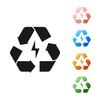 Geri dönüşüm sembolü simgesi olan siyah pil beyaz arkaplanda izole edilmiş. Geri dönüşüm sembollü pil - yenilenebilir enerji konsepti. Simgeleri renklendirin. Vektör İllüstrasyonu