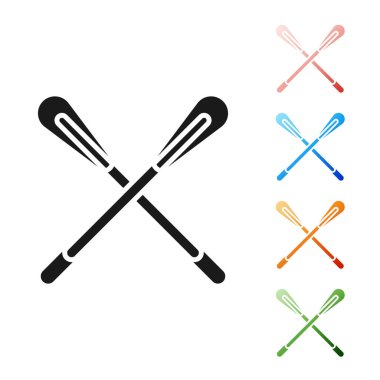 Siyah çapraz kürek simgesi beyaz arkaplanda izole edildi. Kürek çekin. Simgeleri renklendirin. Vektör İllüstrasyonu