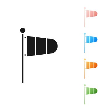 Siyah Koni Meteoroloji Rüzgâr Gülü ikonu beyaz arka planda izole edilmiş. Rüzgâr Sock rüzgarın yönünü ve gücünü gösteriyor. Simgeleri renklendirin. Vektör İllüstrasyonu