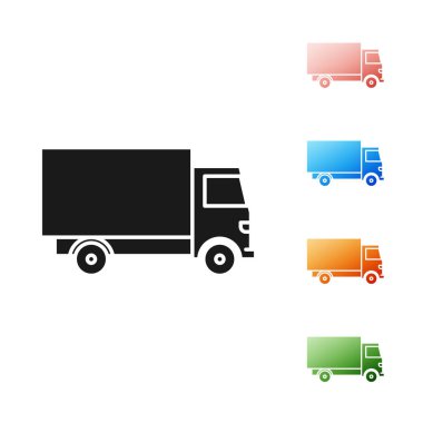 Siyah kargo kamyonu ikonu beyaz arka planda izole edildi. Simgeleri renklendirin. Vektör İllüstrasyonu