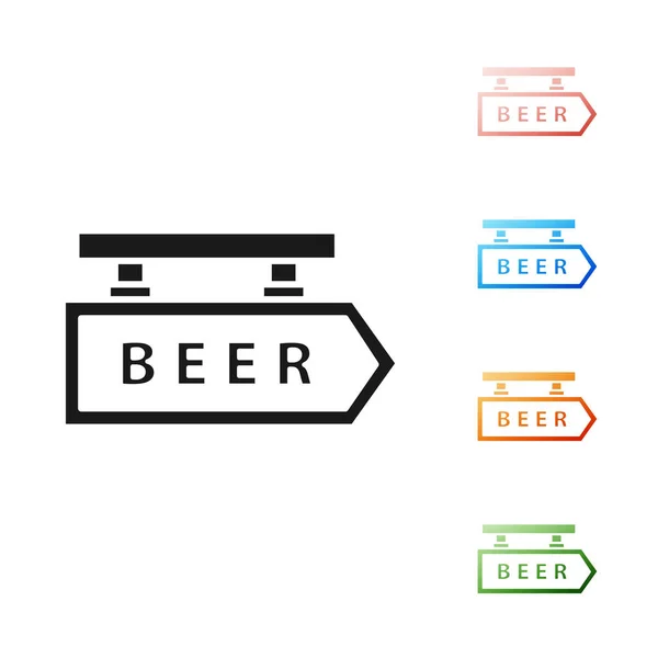 Placa preta da rua com o ícone da cerveja da inscrição isolado no fundo branco. Adequado para anúncios bar, café, pub, restaurante. Definir ícones coloridos. Ilustração vetorial — Vetor de Stock
