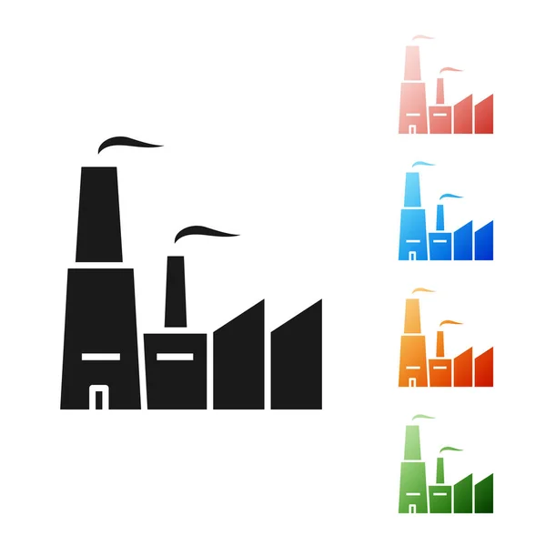 Siyah Fabrika simgesi beyaz arkaplanda izole edildi. Endüstriyel bina. Simgeleri renklendirin. Vektör İllüstrasyonu — Stok Vektör