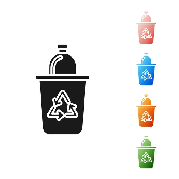 Zwarte Prullenbak met recycle symbool pictogram geïsoleerd op witte achtergrond. Prullenbak icoon. Vuilnisbak bord. Prullenbak bord. Stel pictogrammen kleurrijk. Vector Illustratie — Stockvector