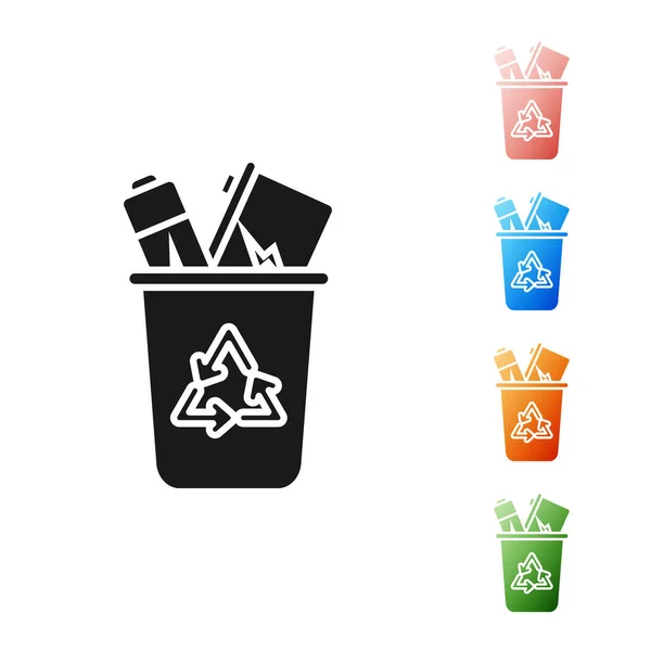 Lixeira preta com ícone de símbolo de reciclagem isolado no fundo branco. Ícone da lata de lixo. Sinal de lixeira. Sinal de cesta de reciclagem. Definir ícones coloridos. Ilustração vetorial — Vetor de Stock