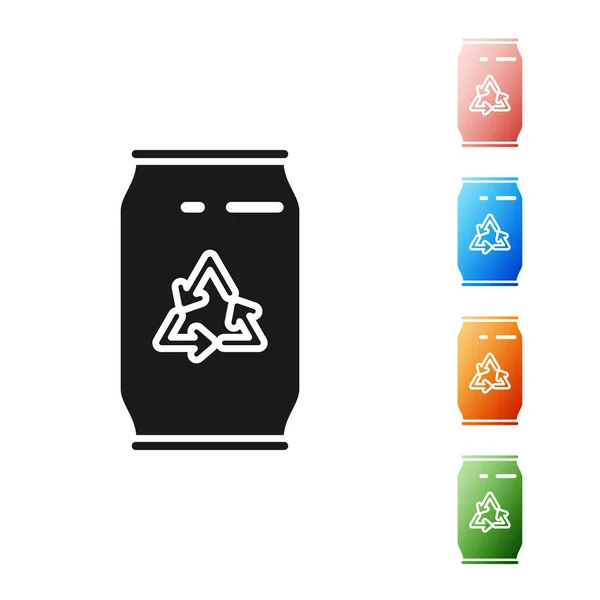 Schwarze Dose mit Recyclingsymbol und Dosensymbol isoliert auf weißem Hintergrund. Mülleimer-Symbol. Mülleimer-Schild. Recyclingkorbschild. setzen Symbole bunt. Vektorillustration — Stockvektor