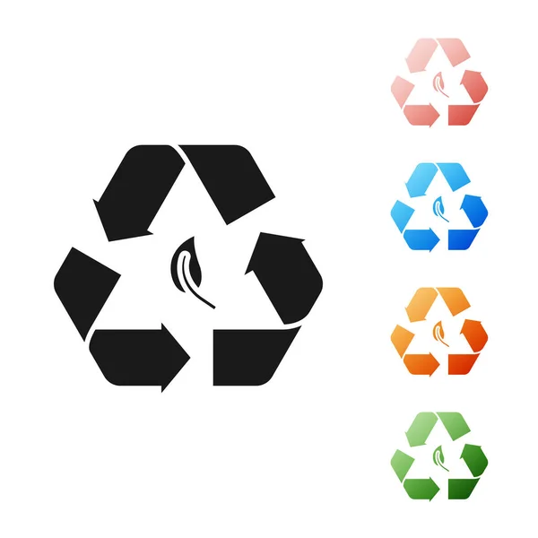 Symbole de recyclage noir et icône de feuille isolé sur fond blanc. L'environnement recyclable devient vert. Définir des icônes colorées. Illustration vectorielle — Image vectorielle