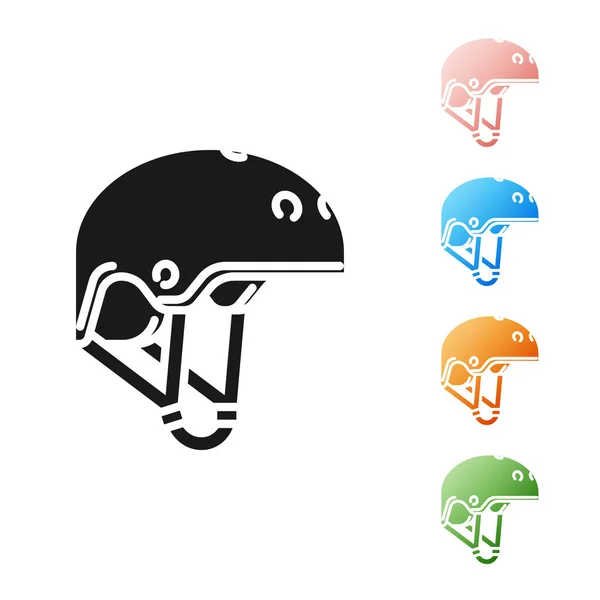 Ícone capacete preto isolado no fundo branco. Desporto extremo. Equipamento desportivo. Definir ícones coloridos. Ilustração vetorial — Vetor de Stock