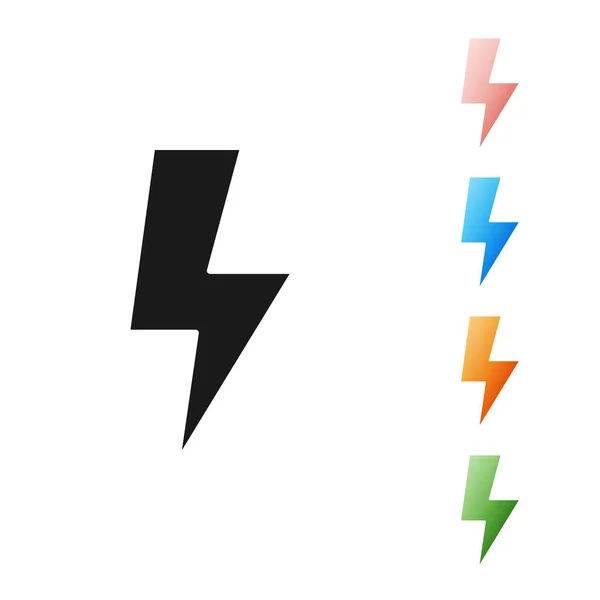 Schwarzes Blitz-Symbol auf weißem Hintergrund. Blitzzeichen. Ladung Flash-Symbol. Donnerkeil. Lichtstreik. setzen Symbole bunt. Vektorillustration — Stockvektor