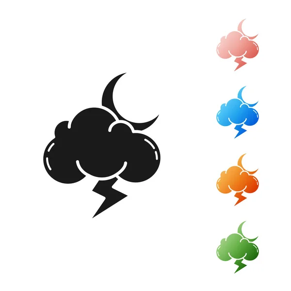 Icono de tormenta negra aislado sobre fondo blanco. Nube con rayo y signo de luna. Icono del tiempo de tormenta. Establecer iconos de colores. Ilustración vectorial — Vector de stock